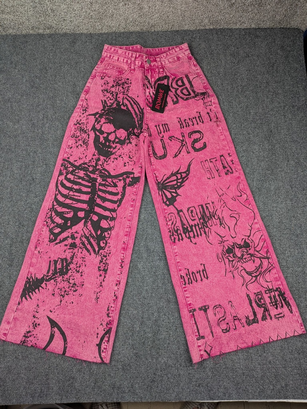 ROMWE Jeans Womens XS Pink Acid Wash Wide Leg Skull Skeleton Gothic Graphic Punk